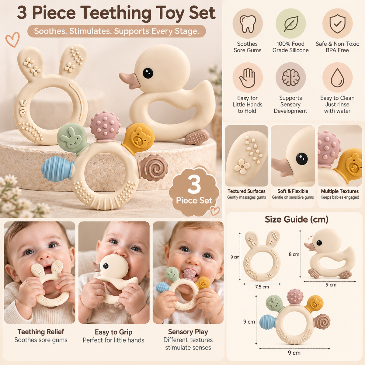3-Piece Silicone Baby Teething Toy Set – Sensory Teethers