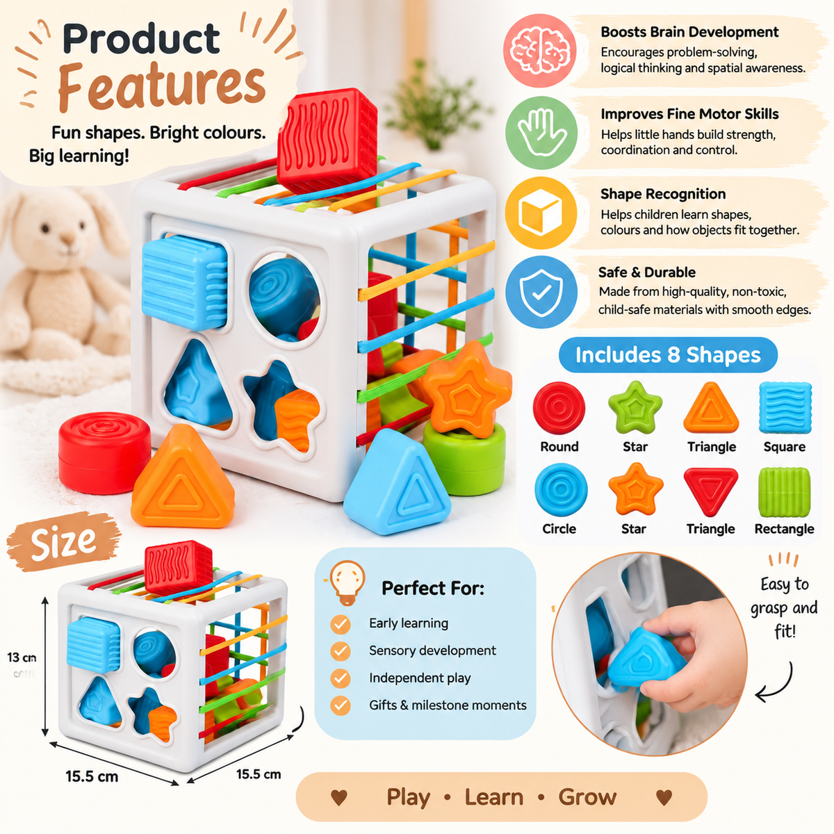 8-Piece Baby Shape Sorter Cube – Sensory Learning & Matching Toy