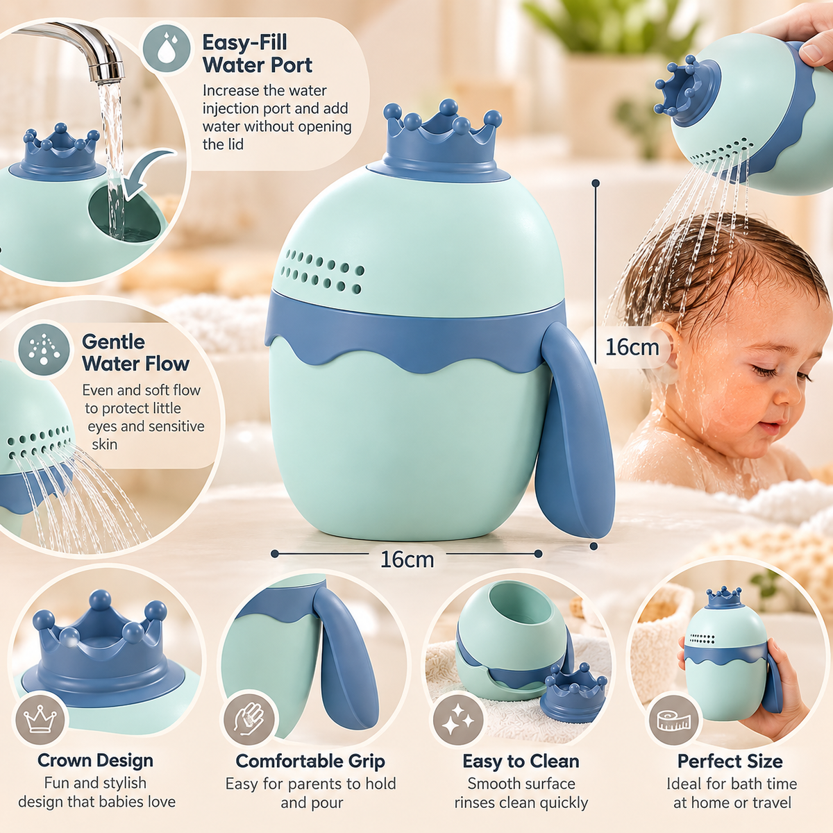 Blue Baby Bath Rinse Cup Features and Size