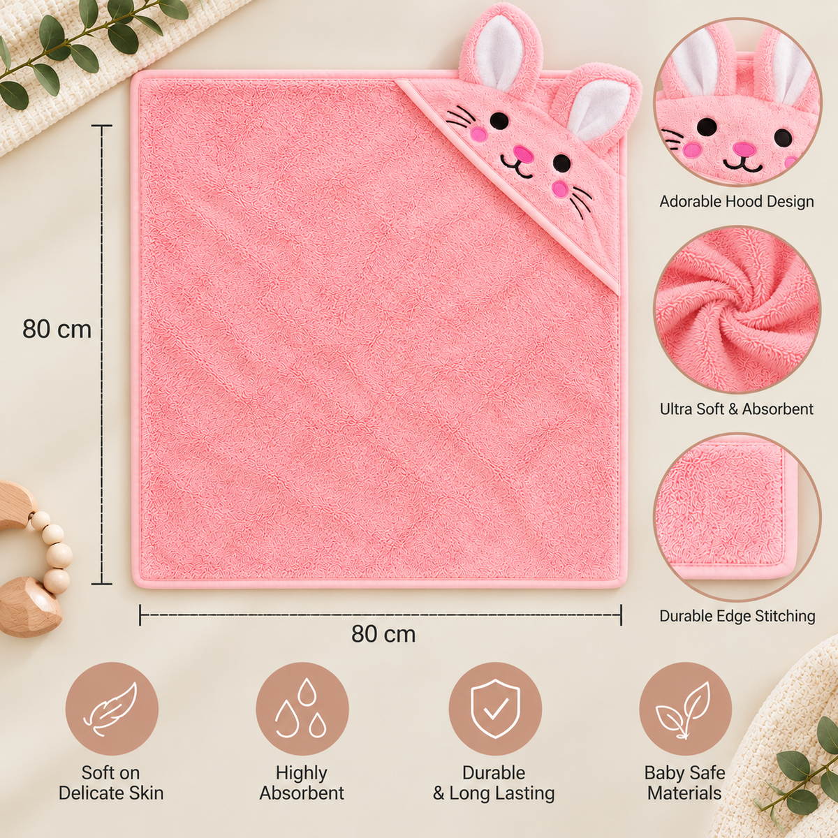 Rabbit Hooded Baby Bath Towel – Ultra Soft & Absorbent 80 × 80 cm