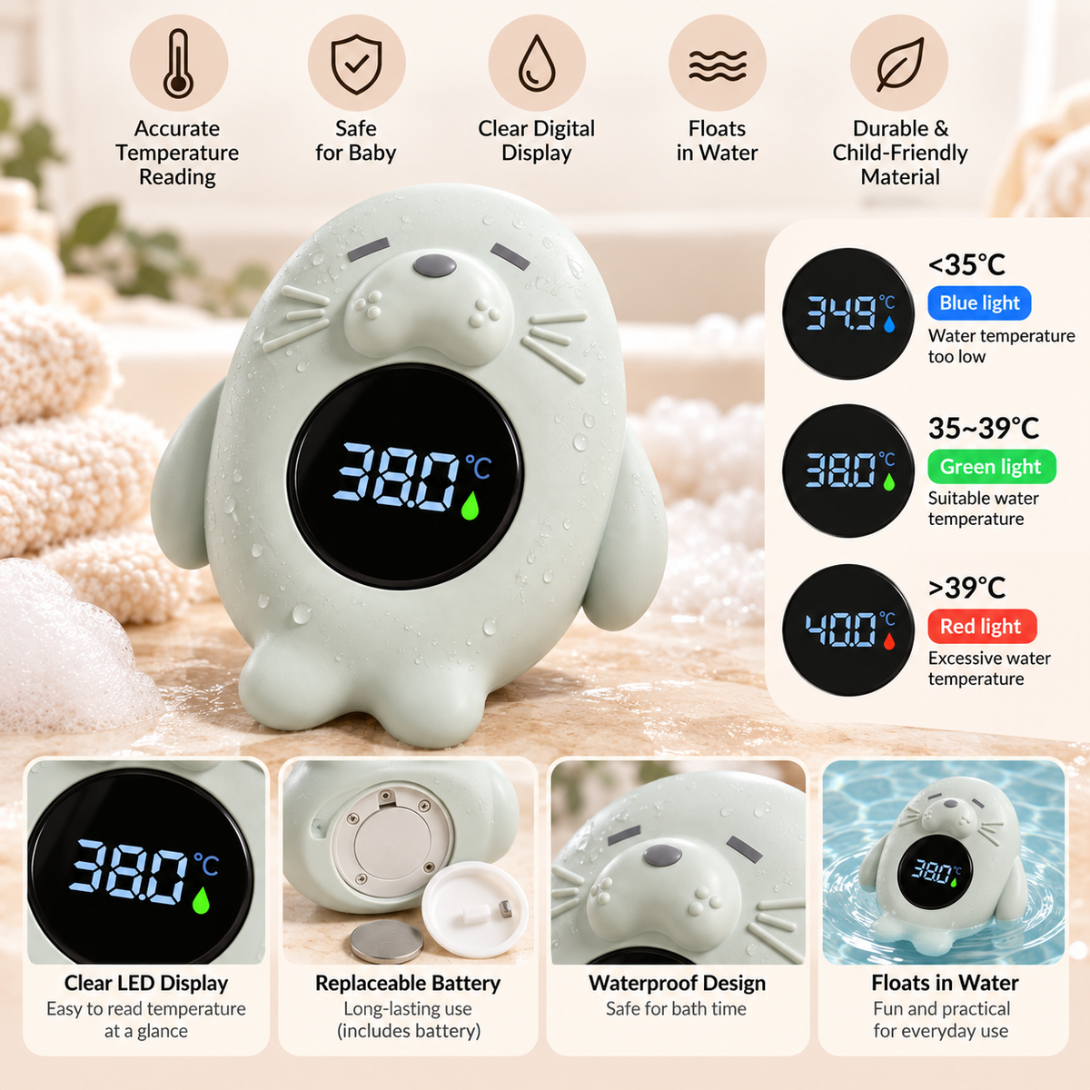 Sea Lion Digital Baby Bath Thermometer – Floating Water Temperature Monitor