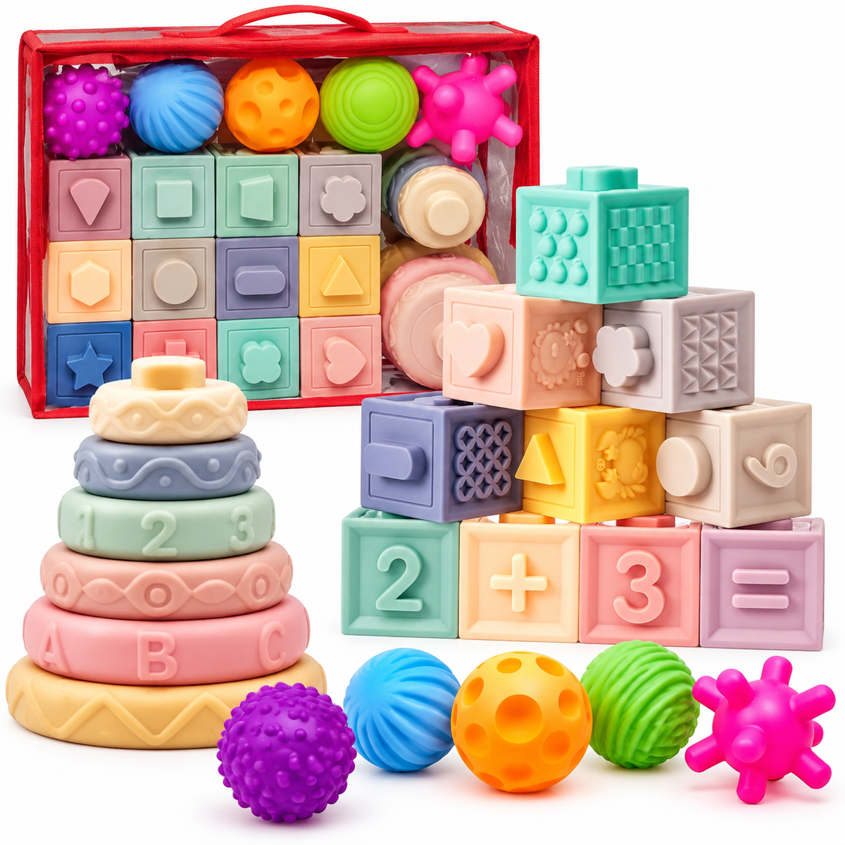 24-Piece Baby Sensory Toy Set – Soft Blocks, Textured Balls & Stacking Rings