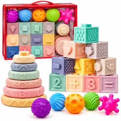 24-Piece Baby Sensory Toy Set – Soft Blocks, Textured Balls & Stacking Rings