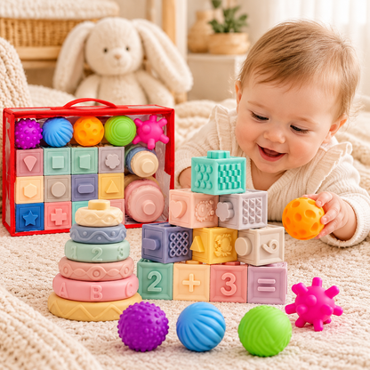 24-Piece Baby Sensory Toy Set – Soft Blocks, Textured Balls & Stacking Rings