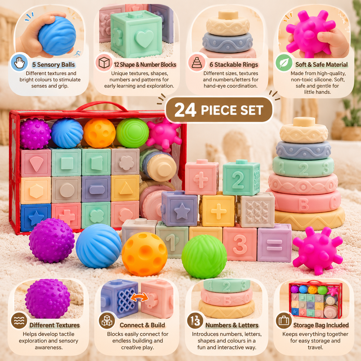 24-Piece Baby Sensory Toy Set – Soft Blocks, Textured Balls & Stacking Rings