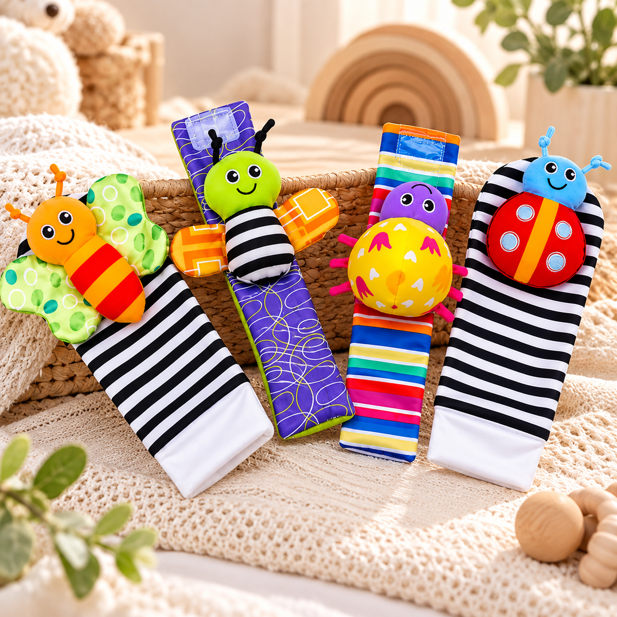 Baby Wrist Rattles & Foot Finder Socks – 4-Piece Sensory Set