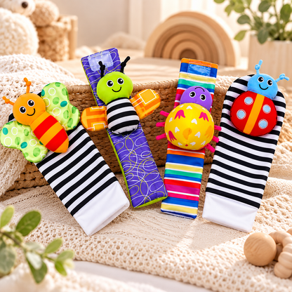 Baby Wrist Rattles & Foot Finder Socks – 4-Piece Sensory Set