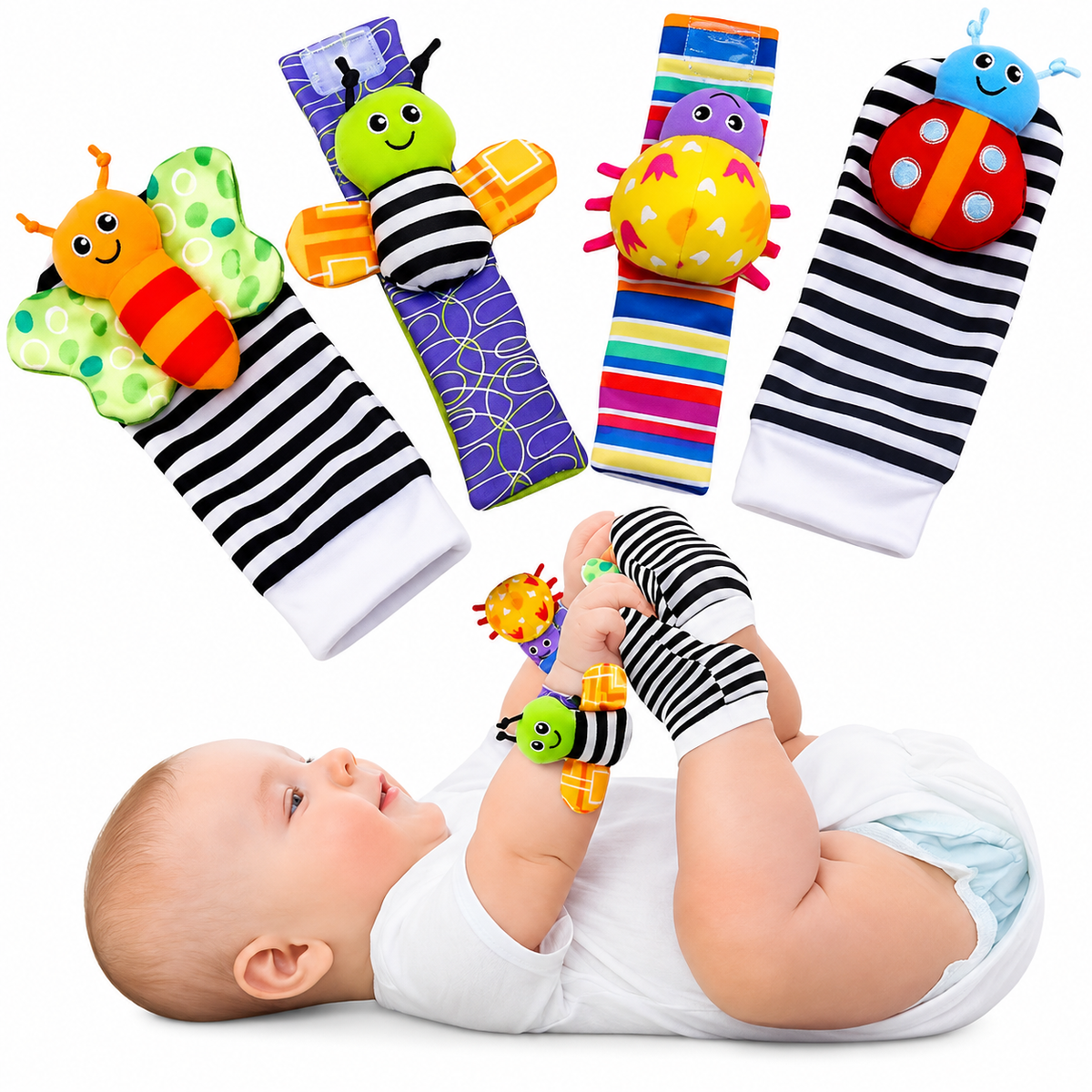 Baby Wrist Rattles & Foot Finder Socks – 4-Piece Sensory Set
