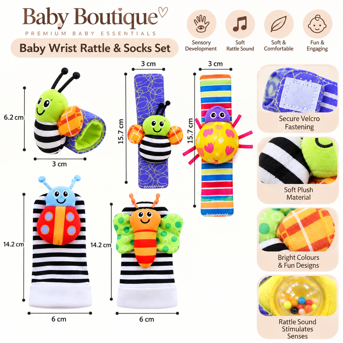 Baby Wrist Rattles & Foot Finder Socks – 4-Piece Sensory Set