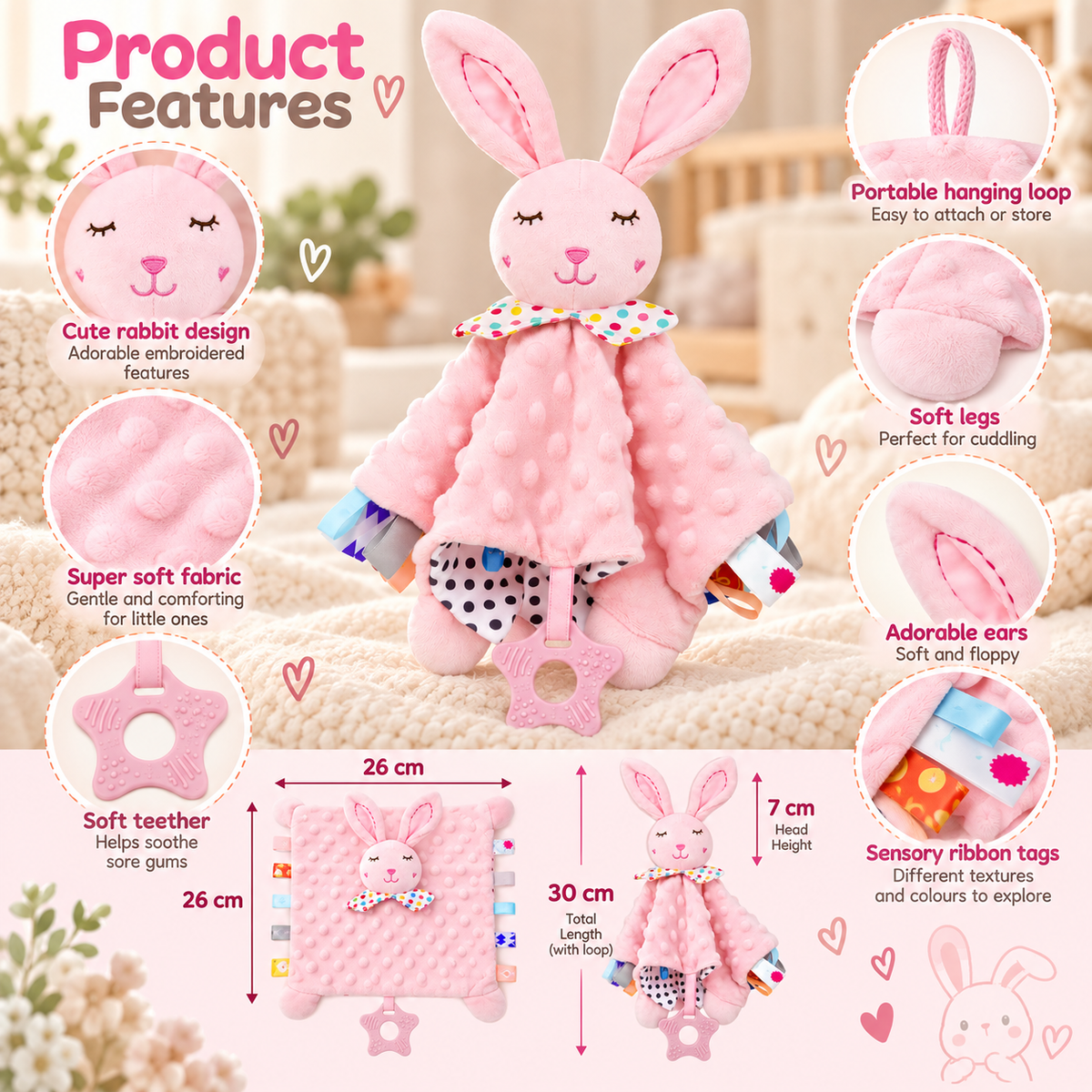 Pink Rabbit Sensory Comfort Toy Features and Size