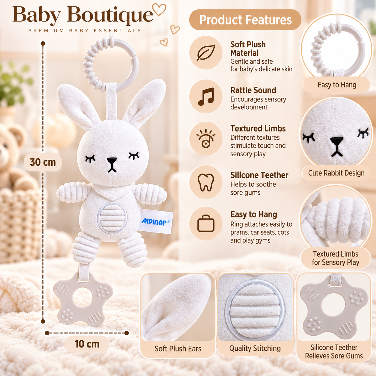 Soft Plush Rabbit Hanging Rattle & Teether Toy