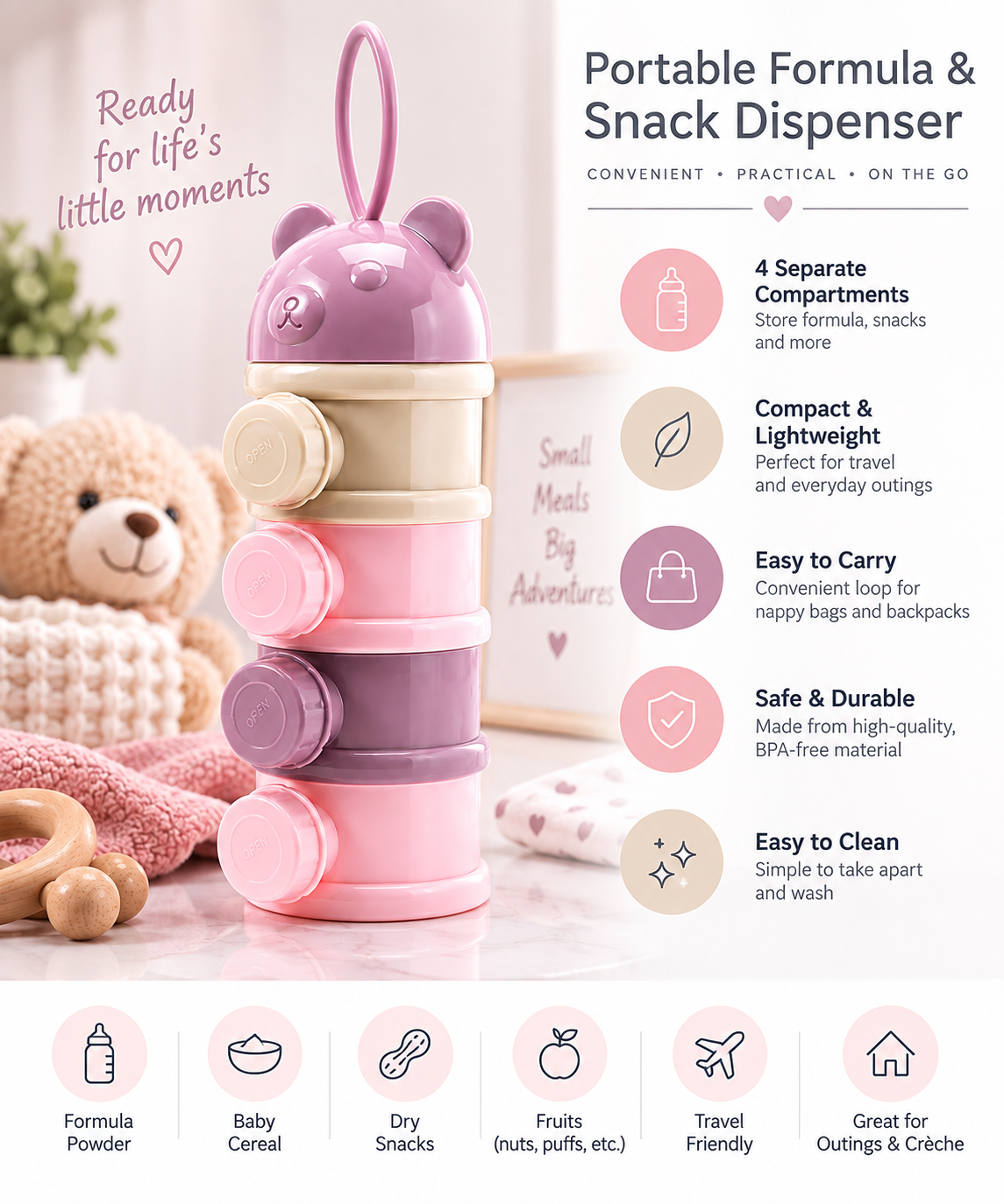 Portable Formula & Snack Dispenser - Girl (Pink & Purple)