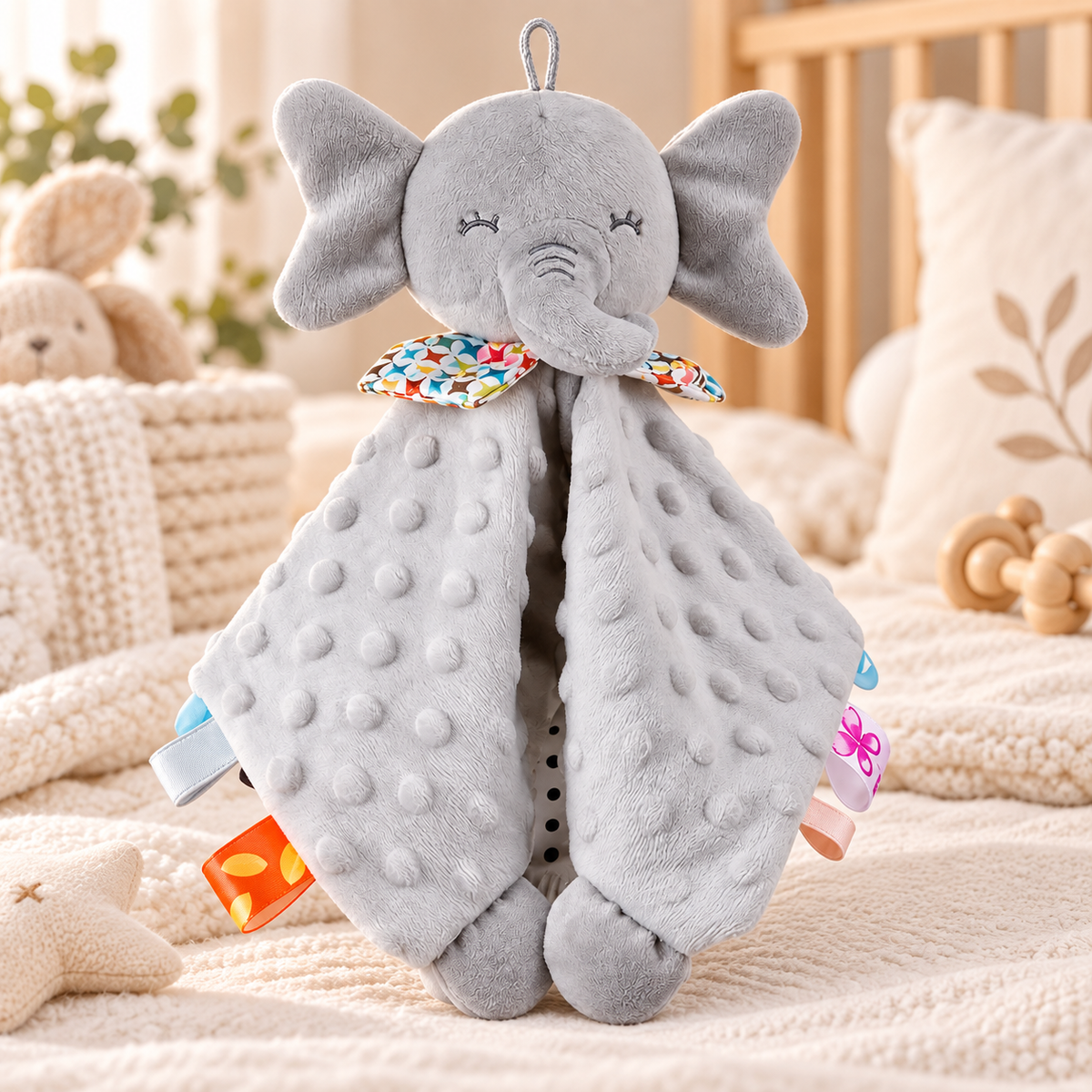 Elephant Sensory Comfort Toy with Teether in Nursery