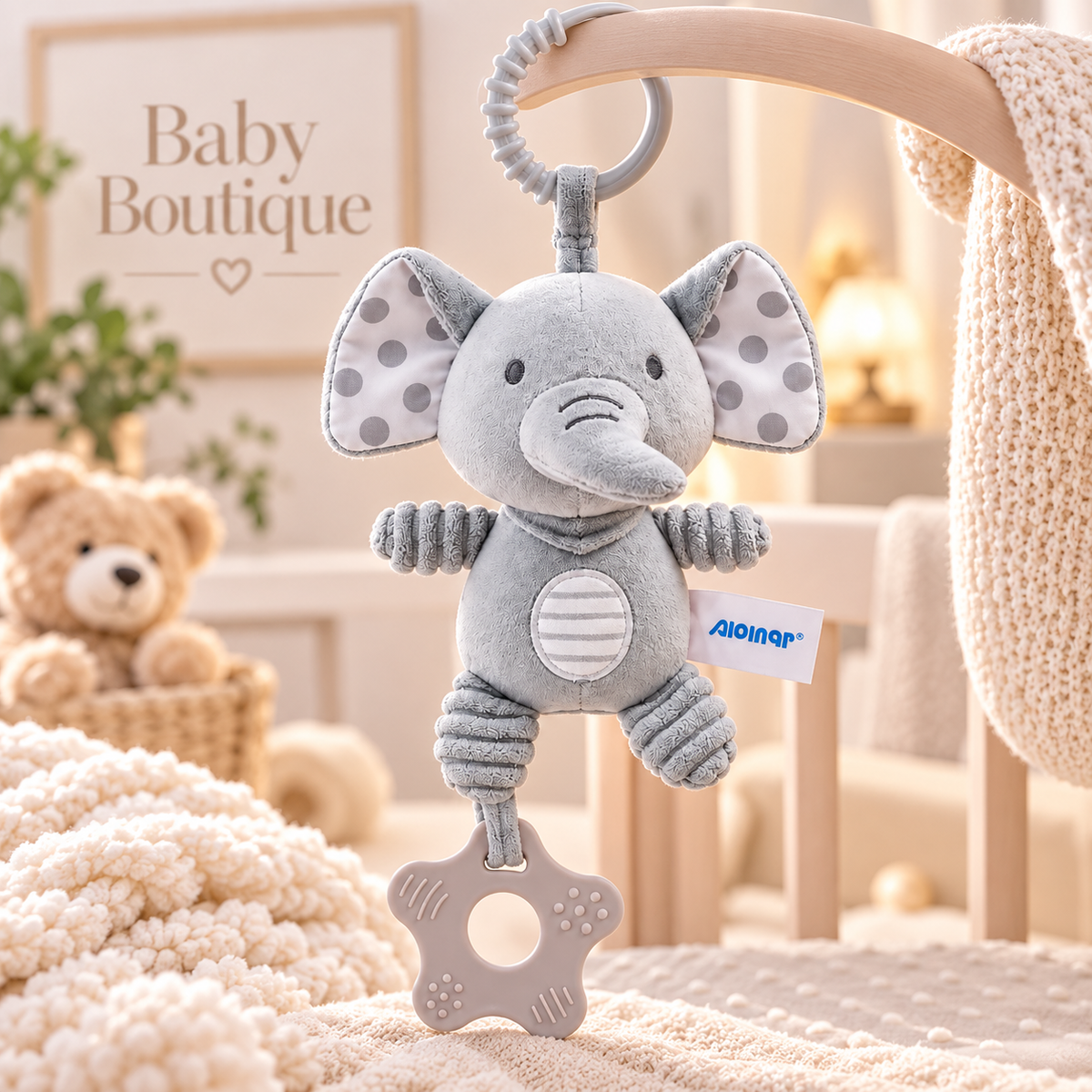 Soft Plush Elephant Hanging Rattle & Teether Toy