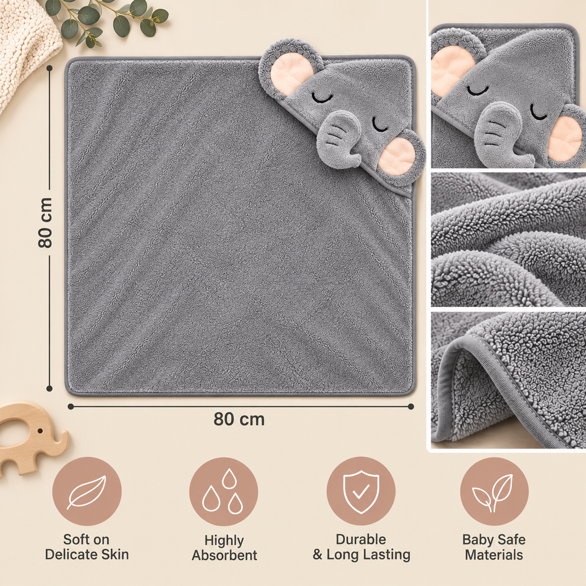 Elephant Hooded Baby Bath Towel – Ultra Soft & Absorbent 80 × 80 cm