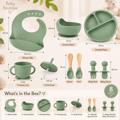 8-Piece Silicone Baby Feeding Set – Arm Green