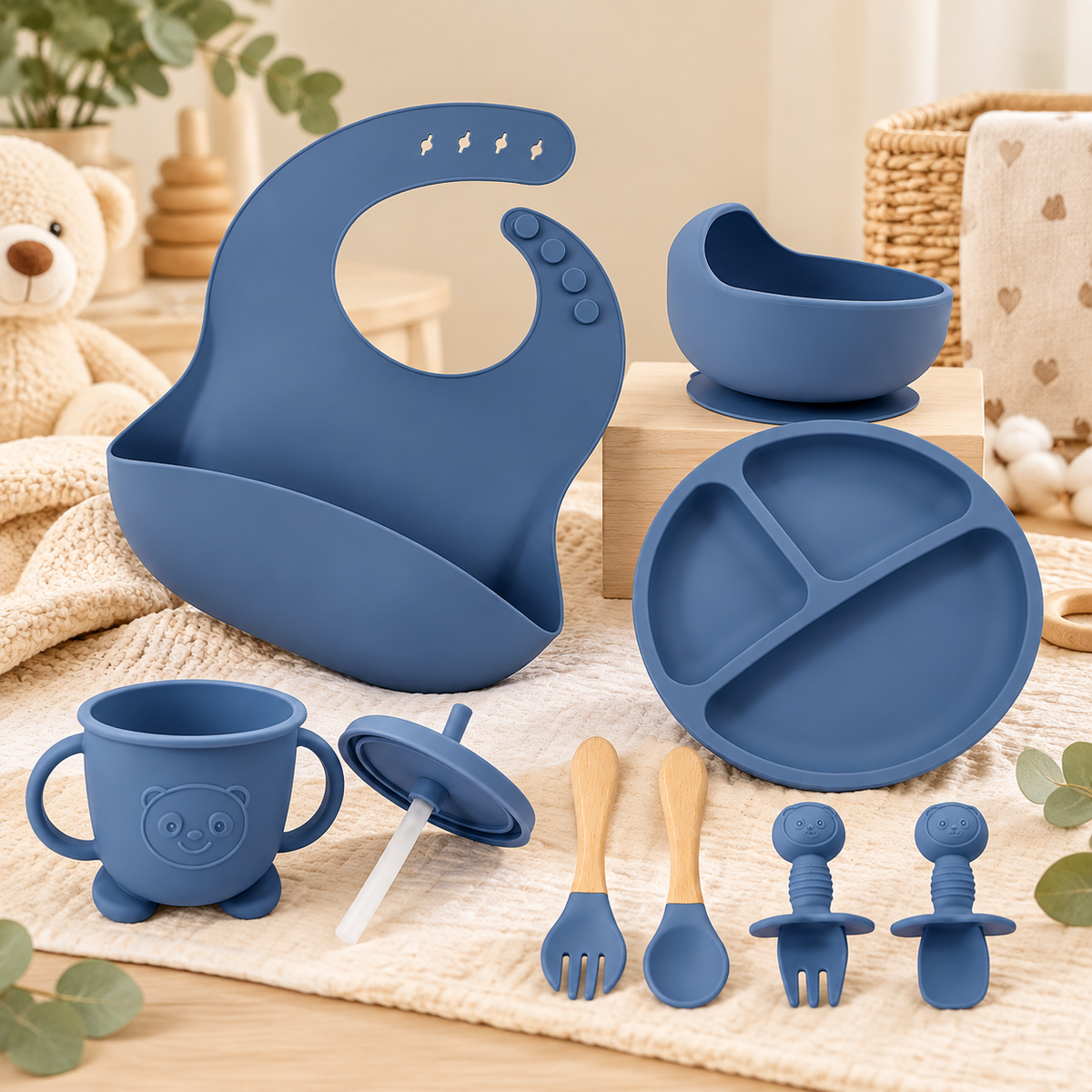 8-Piece Silicone Baby Feeding Set – Dark Blue
