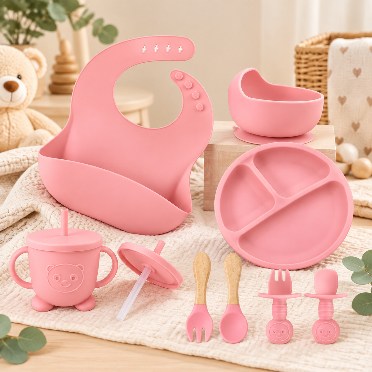 8-Piece Silicone Baby Feeding Set- Pink