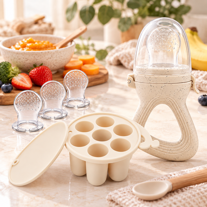 Beige Silicone Baby Food Feeder and Freezer Set for Babies