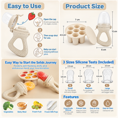 Beige Silicone Baby Food Feeder and Freezer Set Features and Size