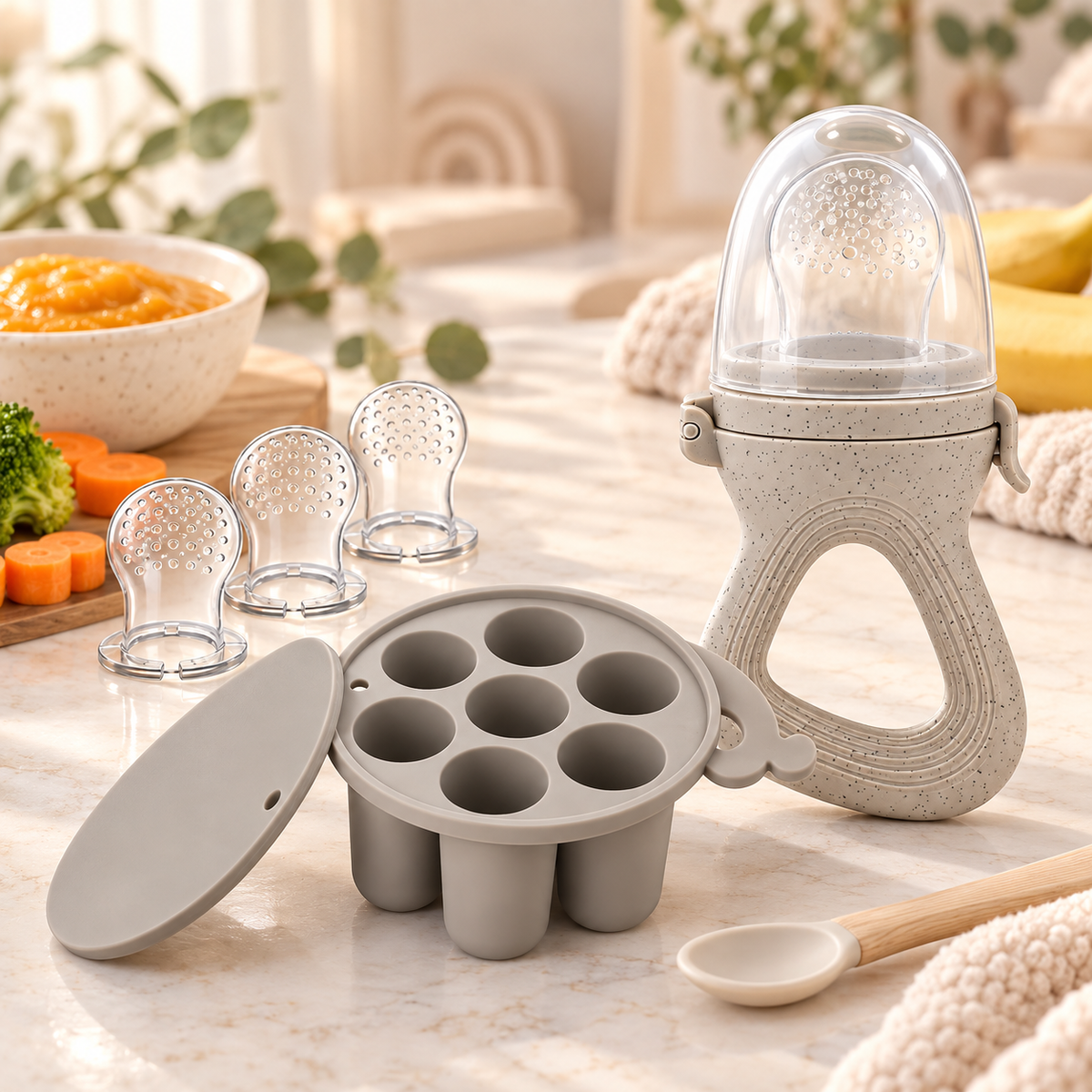 Grey Silicone Baby Food Feeder and Freezer Set for Babies