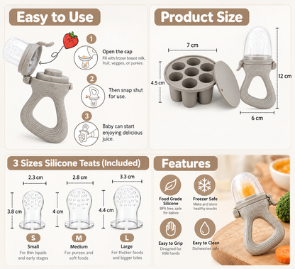 Grey Silicone Baby Food Feeder and Freezer Set Features and Size