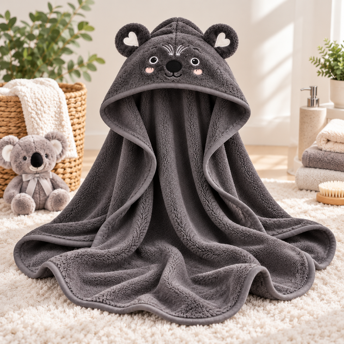 Koala Hooded Baby Bath Towel – Ultra Soft & Absorbent 80 × 80 cm