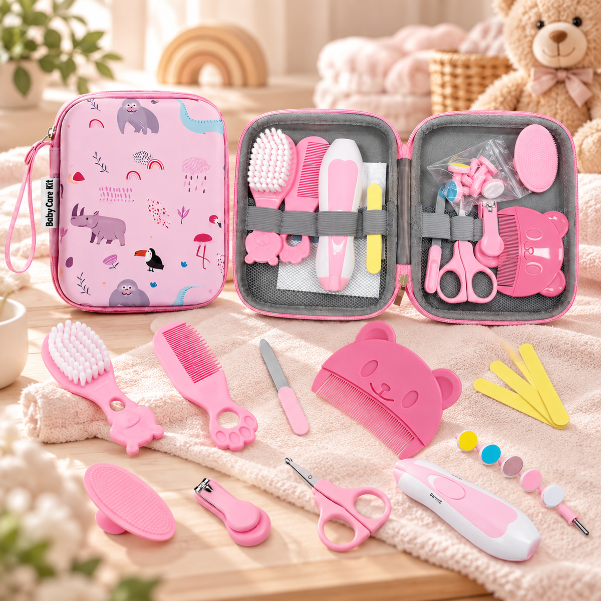 Complete Baby Grooming & Healthcare Kit with Portable Storage Case – Pink