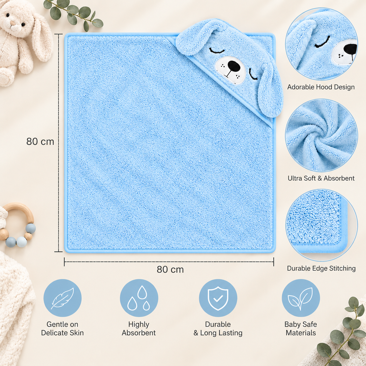 Puppy Hooded Baby Bath Towel – Ultra Soft & Absorbent 80 × 80 cm