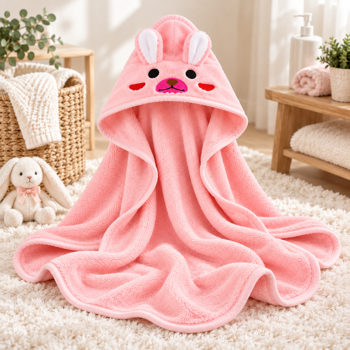 Rabbit Hooded Baby Bath Towel – Ultra Soft & Absorbent 80 × 80 cm