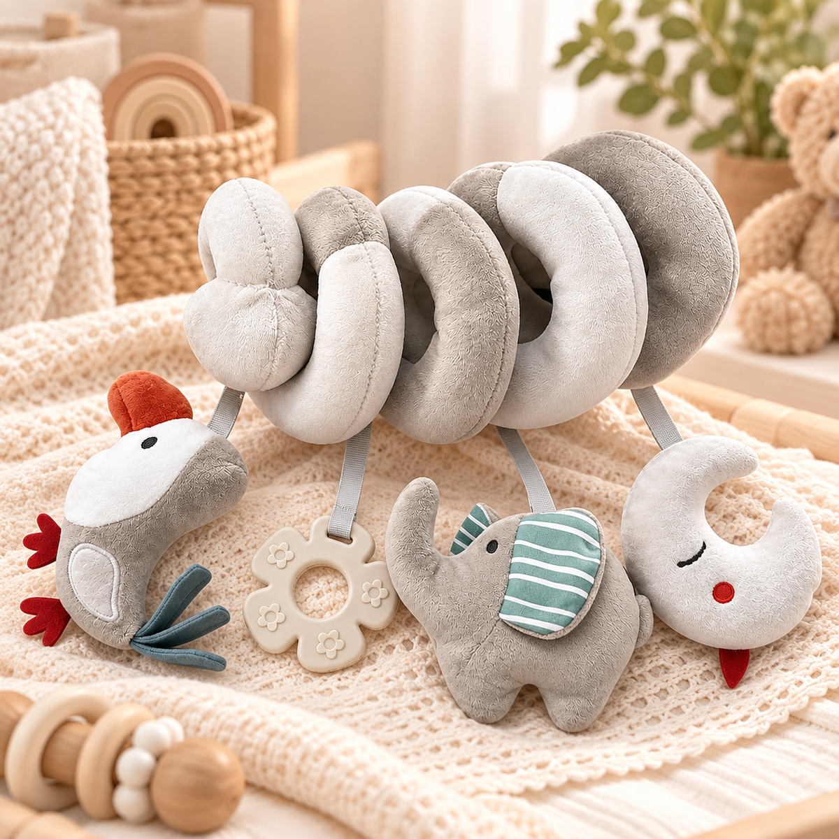 Soft Plush Baby Spiral Activity Toy with Hanging Sensory Toys