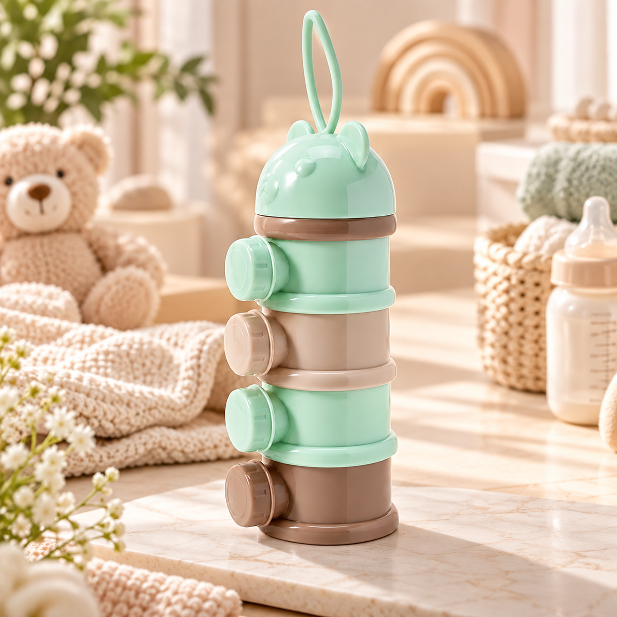 4-Layer Portable Baby Formula & Snack Dispenser with Carry Handle – Green & Beige