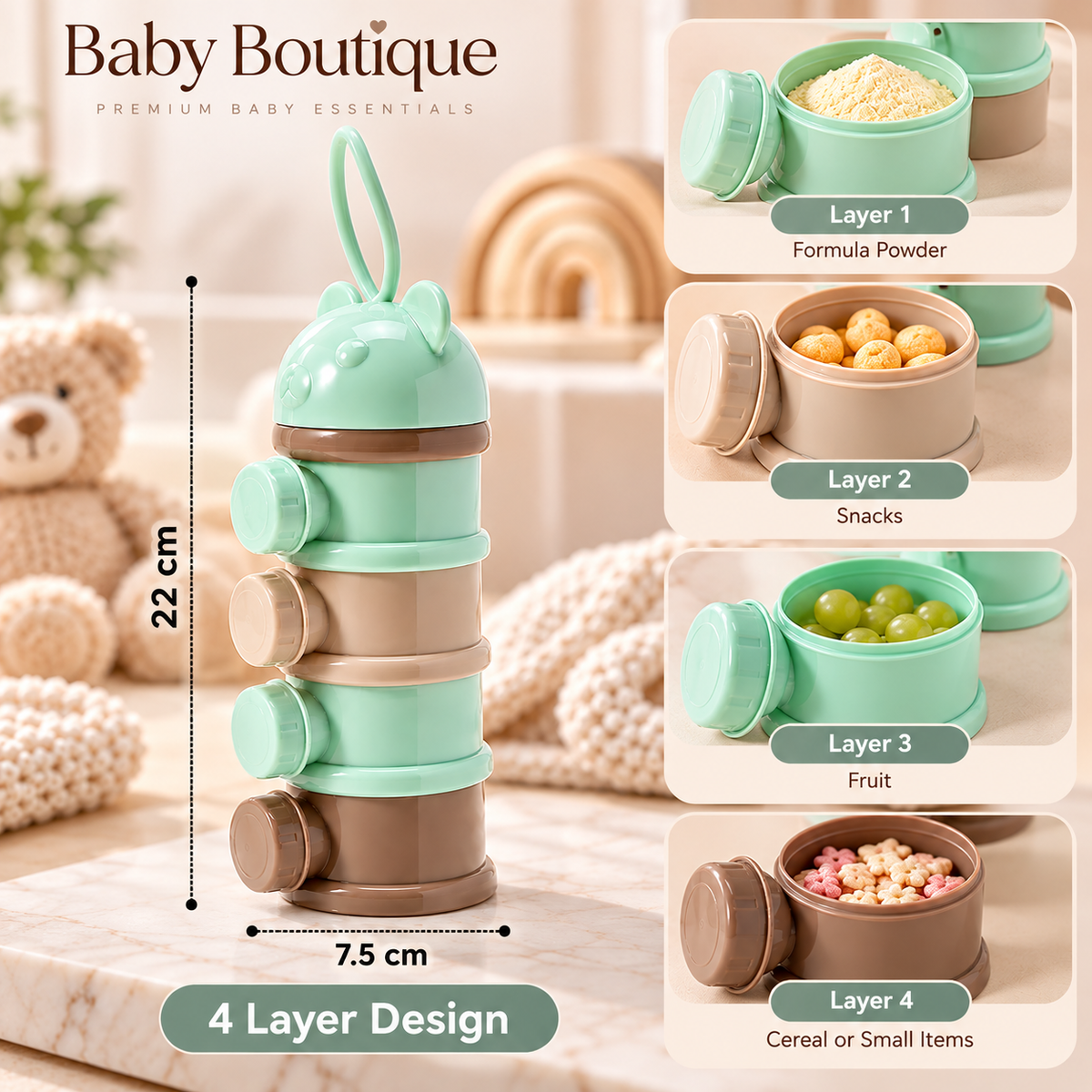4-Layer Portable Baby Formula & Snack Dispenser with Carry Handle – Green & Beige