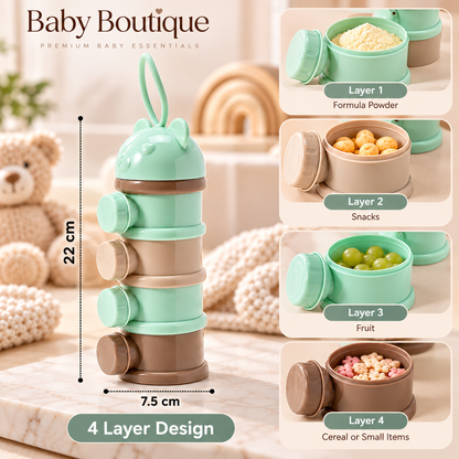 4-Layer Portable Baby Formula & Snack Dispenser with Carry Handle – Green & Beige