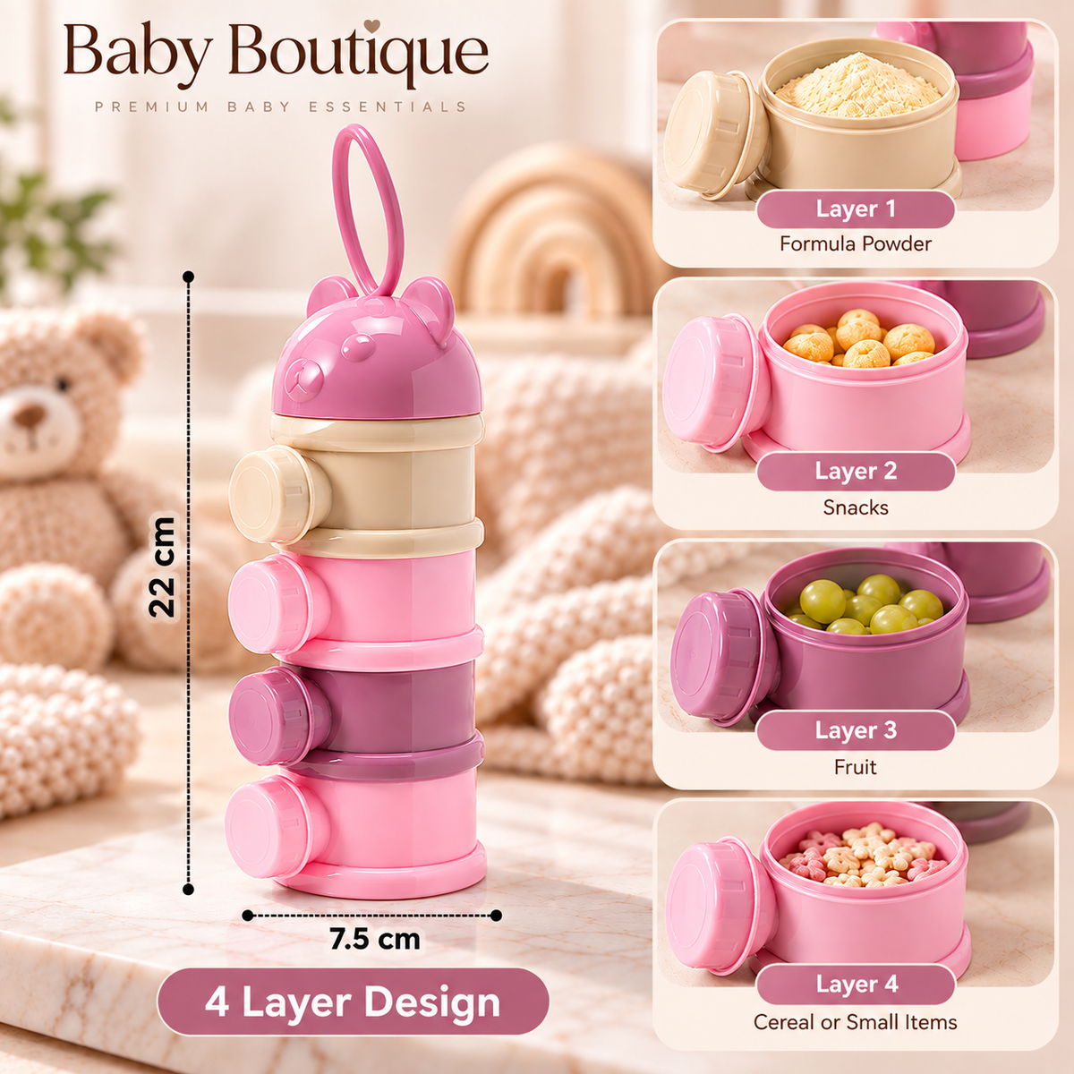 4-Layer Baby Formula & Snack Dispenser with Carry Handle – Pink
