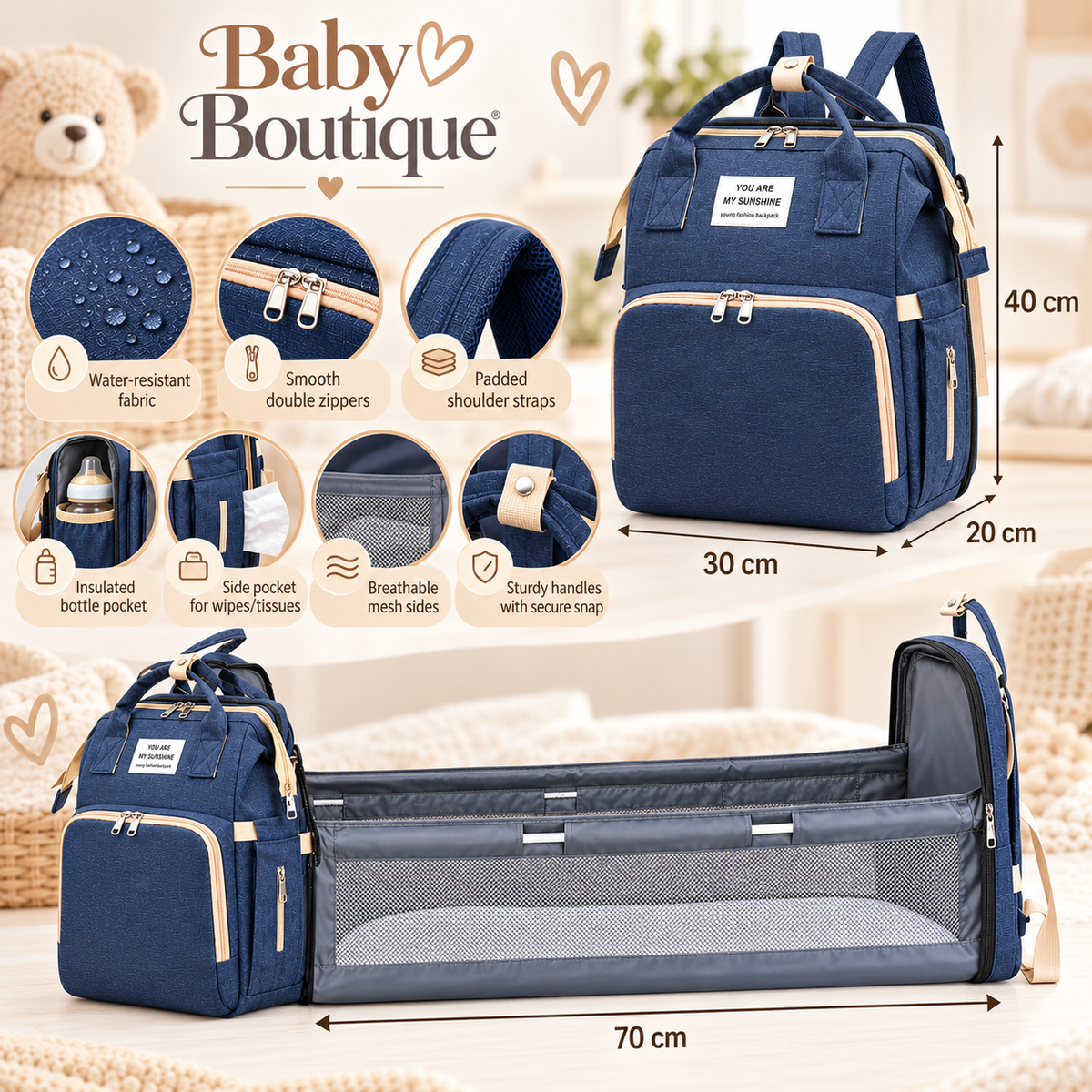 2-in-1 Convertible Baby Diaper Backpack & Portable Travel Bassinet – Navy Blue