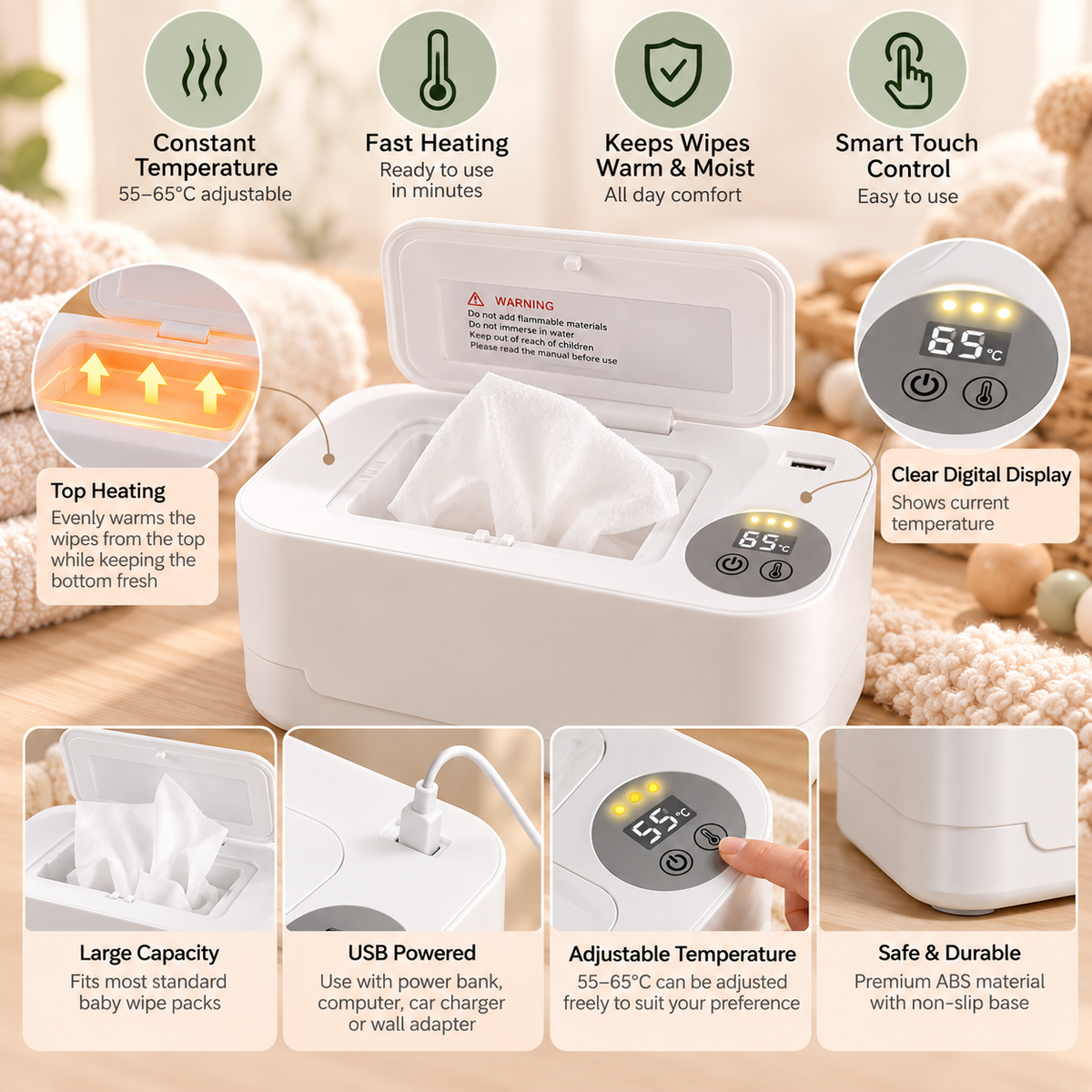 Smart Baby Wipe Warmer – Adjustable Temperature with Digital Display & Night Light